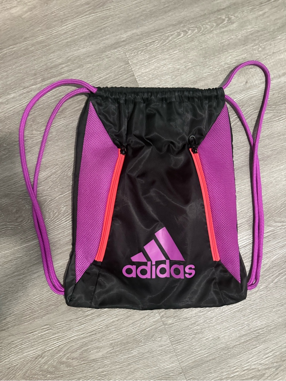 adidas Black and Purple Drawstring Gym Sack with Pink Zippers - Picture 1 of 1
